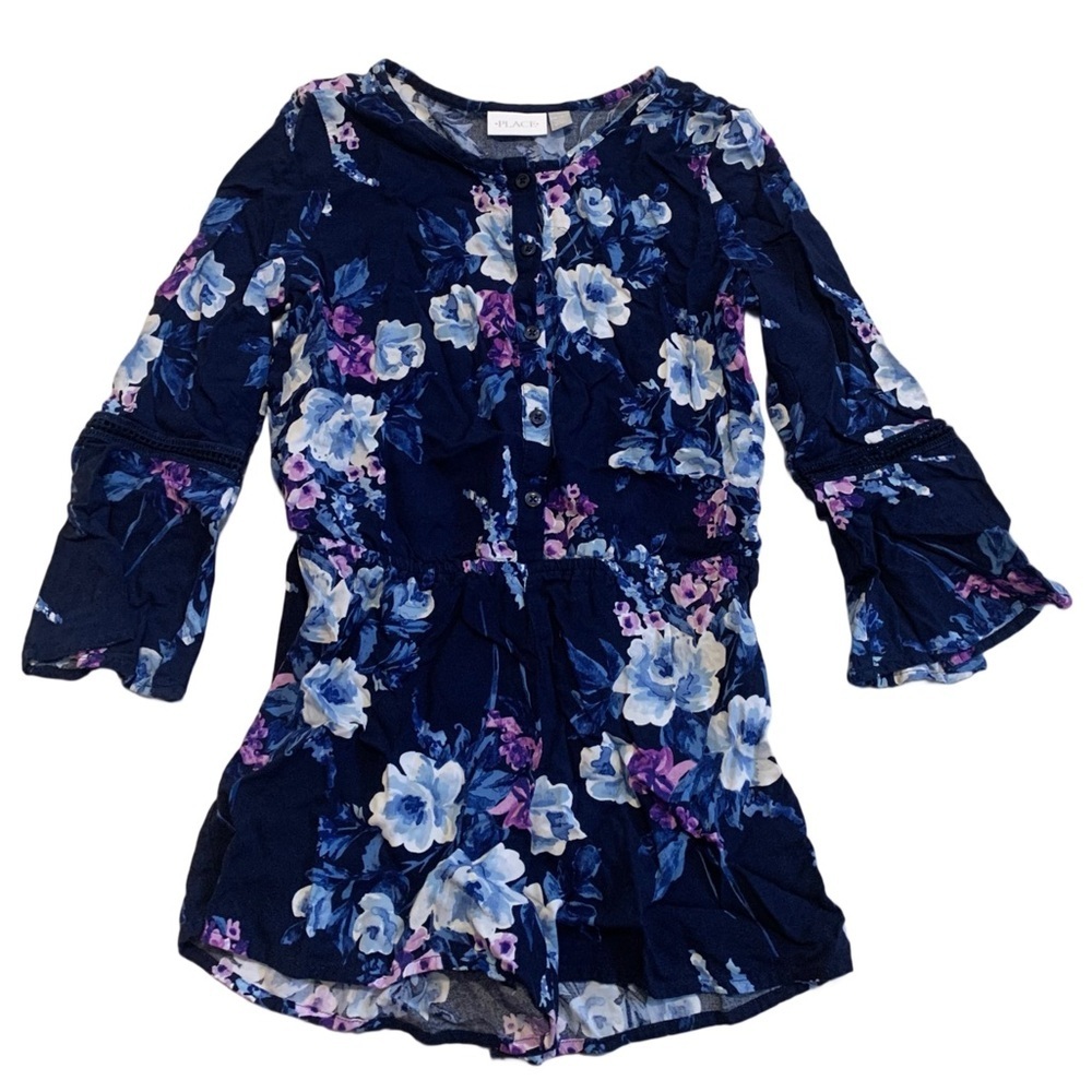 💜 The Children's Place Blue Floral Ruffle Romper L 10/12